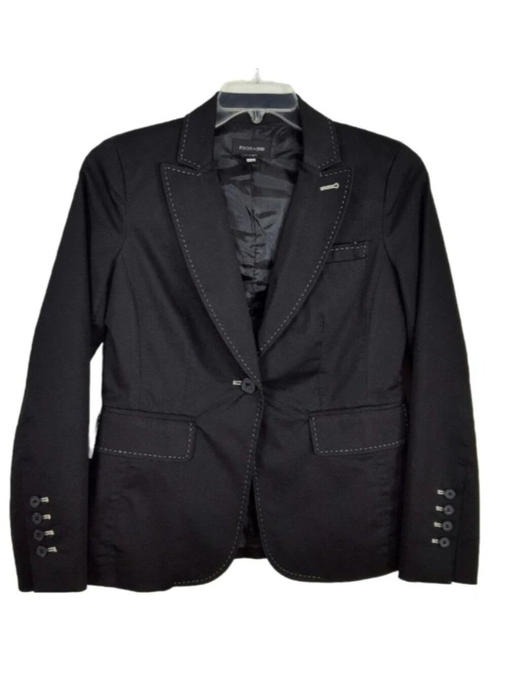 FOCUS 2000 One button Black Blazer with white threaded outline sz 4